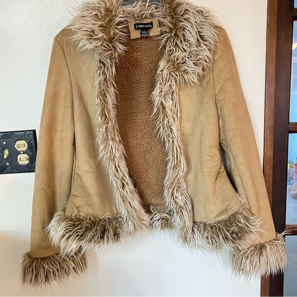 Vintage Y2K Wet Seal Suede Faux Fur Penny Lane Suede Leather Beige Pea Coat SZ L - Picture 1 of 10